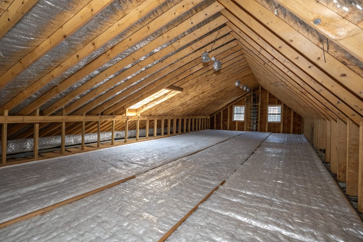 An attic with wood rafters lined with shiny radiant barrier and a small vent window