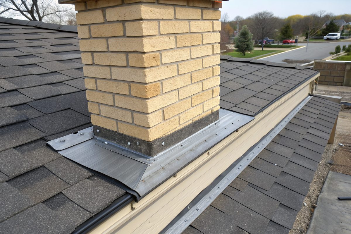 New metal flashing where a dark shingle roof meets a tan brick chimney