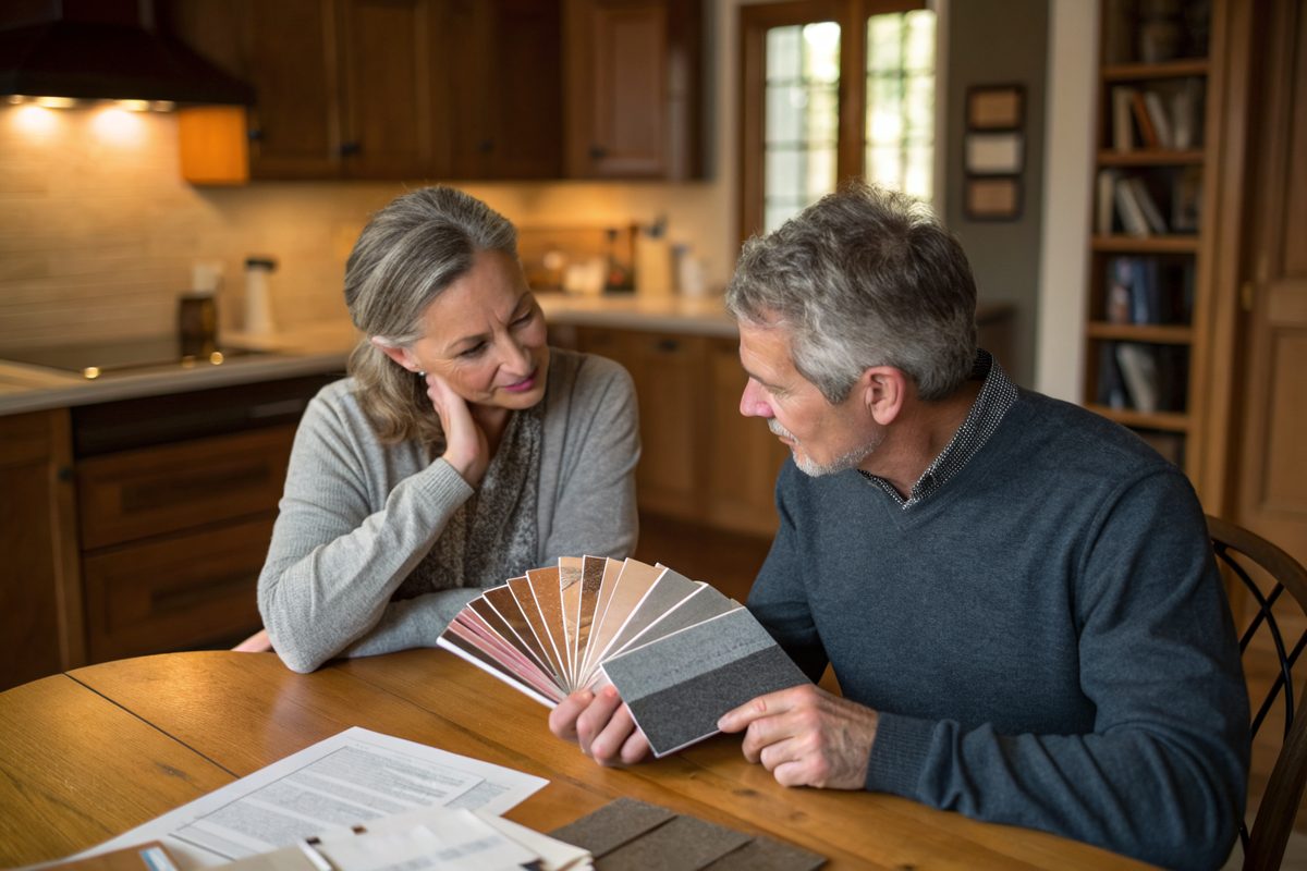 A couple at a kitchen table looking over a fan of roof shingle color samples