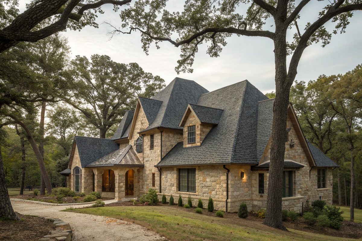 A large stone home with a steep, complex hip roof of dark shingles under tall oak trees