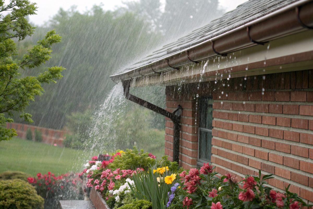 Heavy rain spilling over a gutter on a brick house into a flower bed