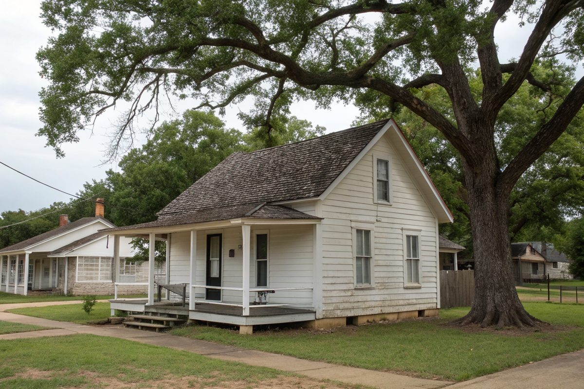 A small white wood frame cottage with a dark shingle roof and front porch under a large tree