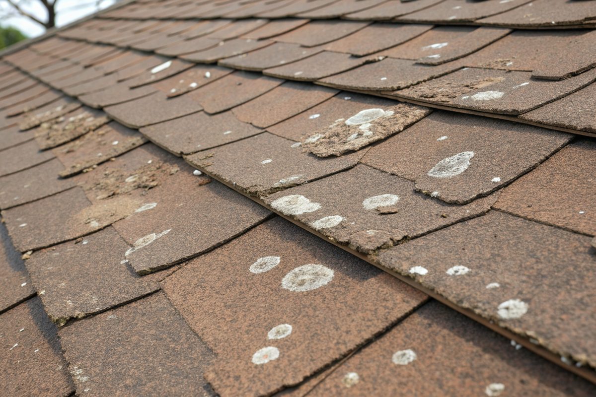 Close view of brown asphalt shingles marked with round hail bruises and lost granules