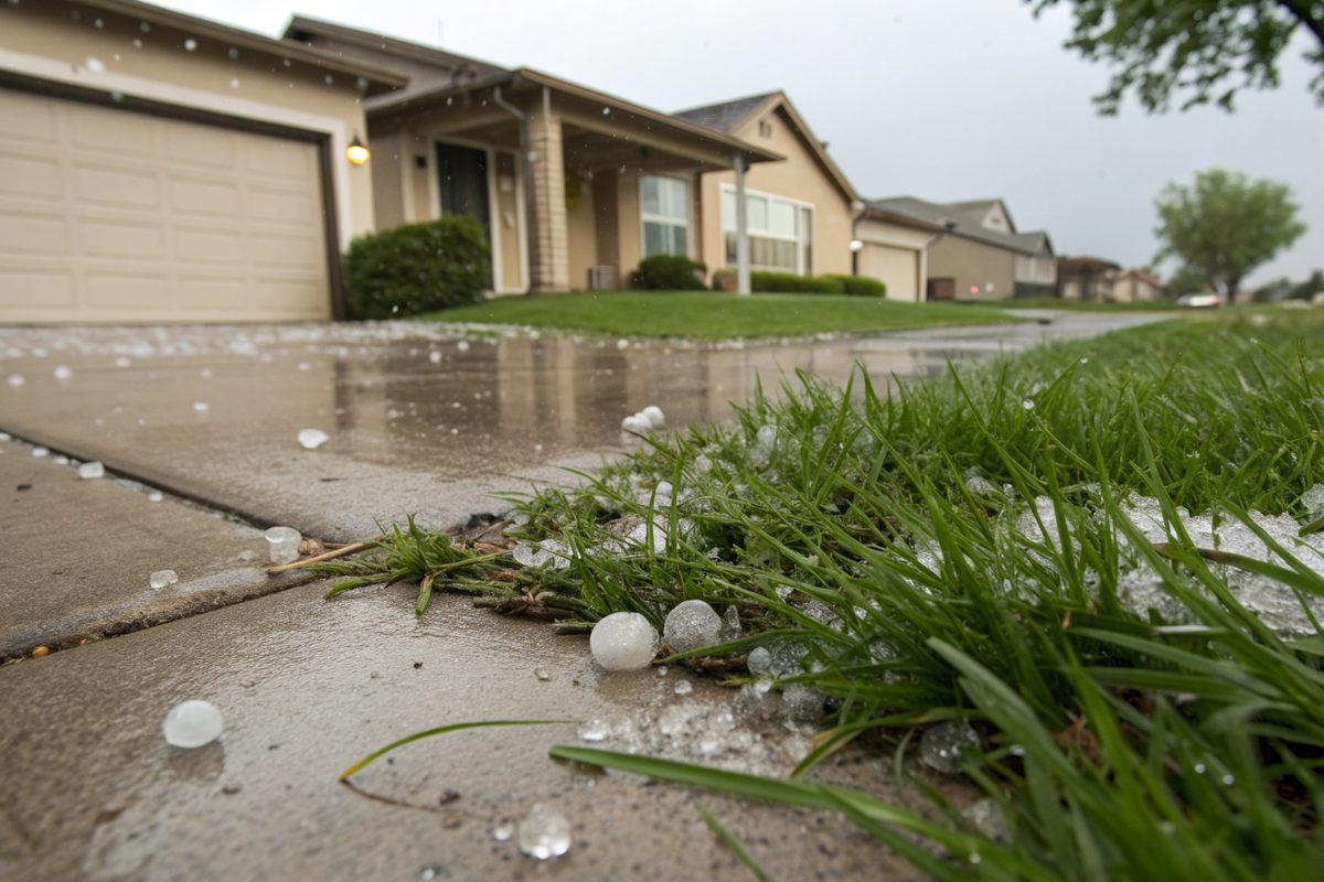 Hailstones melting on a lawn and driveway in front of a row of suburban houses