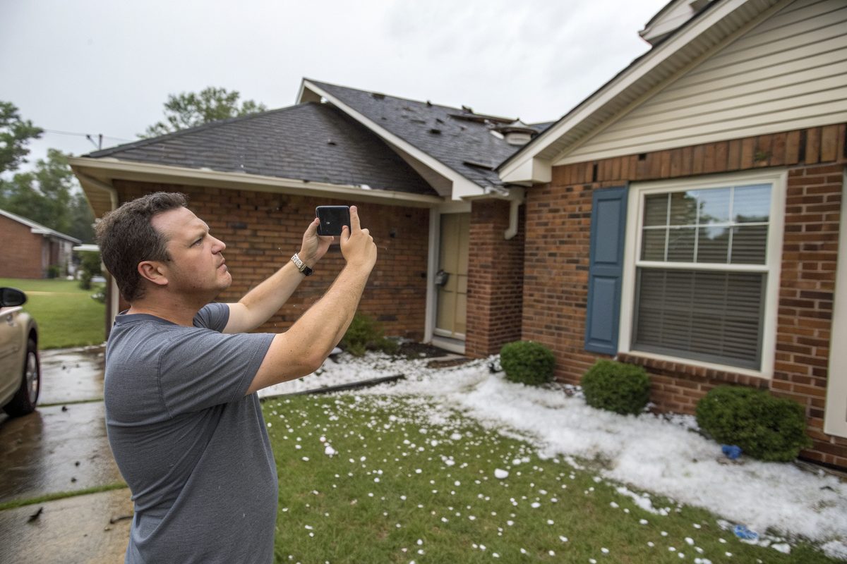 A homeowner photographing his brick house's roof with a phone after a hailstorm, hail on the lawn