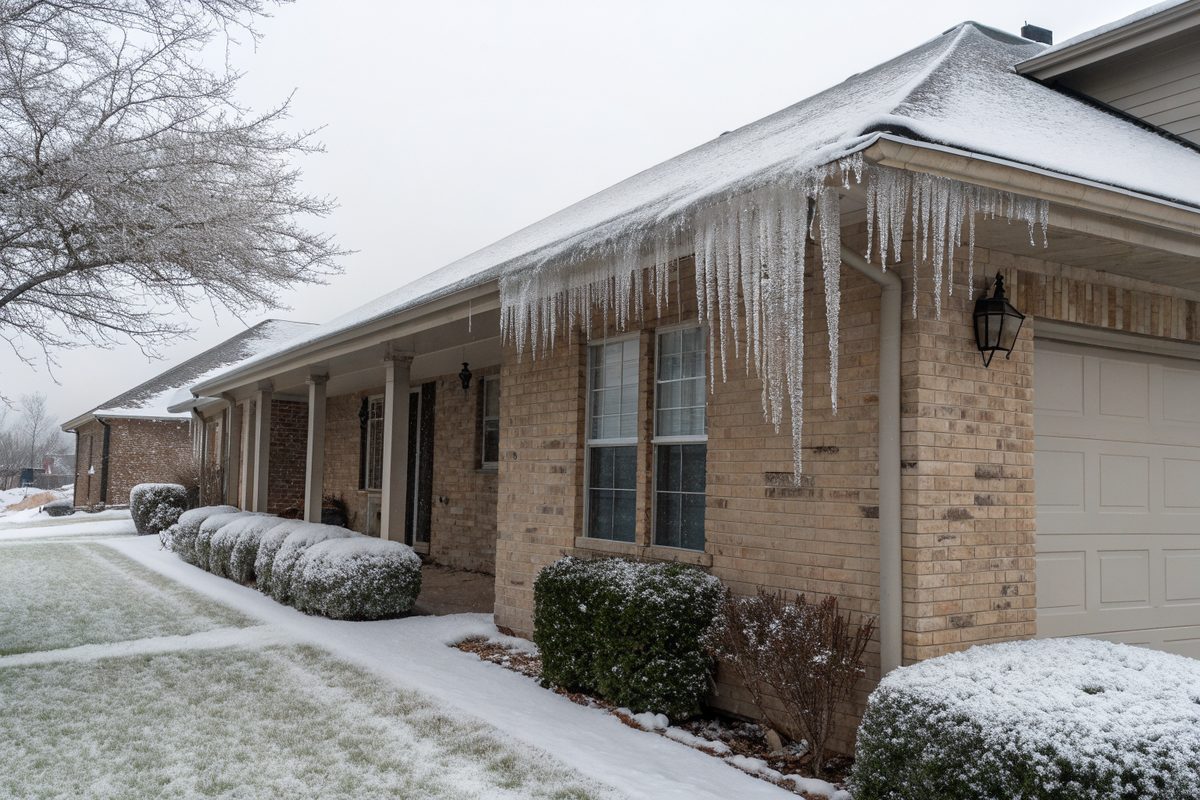Icicles hanging from the shingle roof edge and gutter of a brick house during a winter freeze