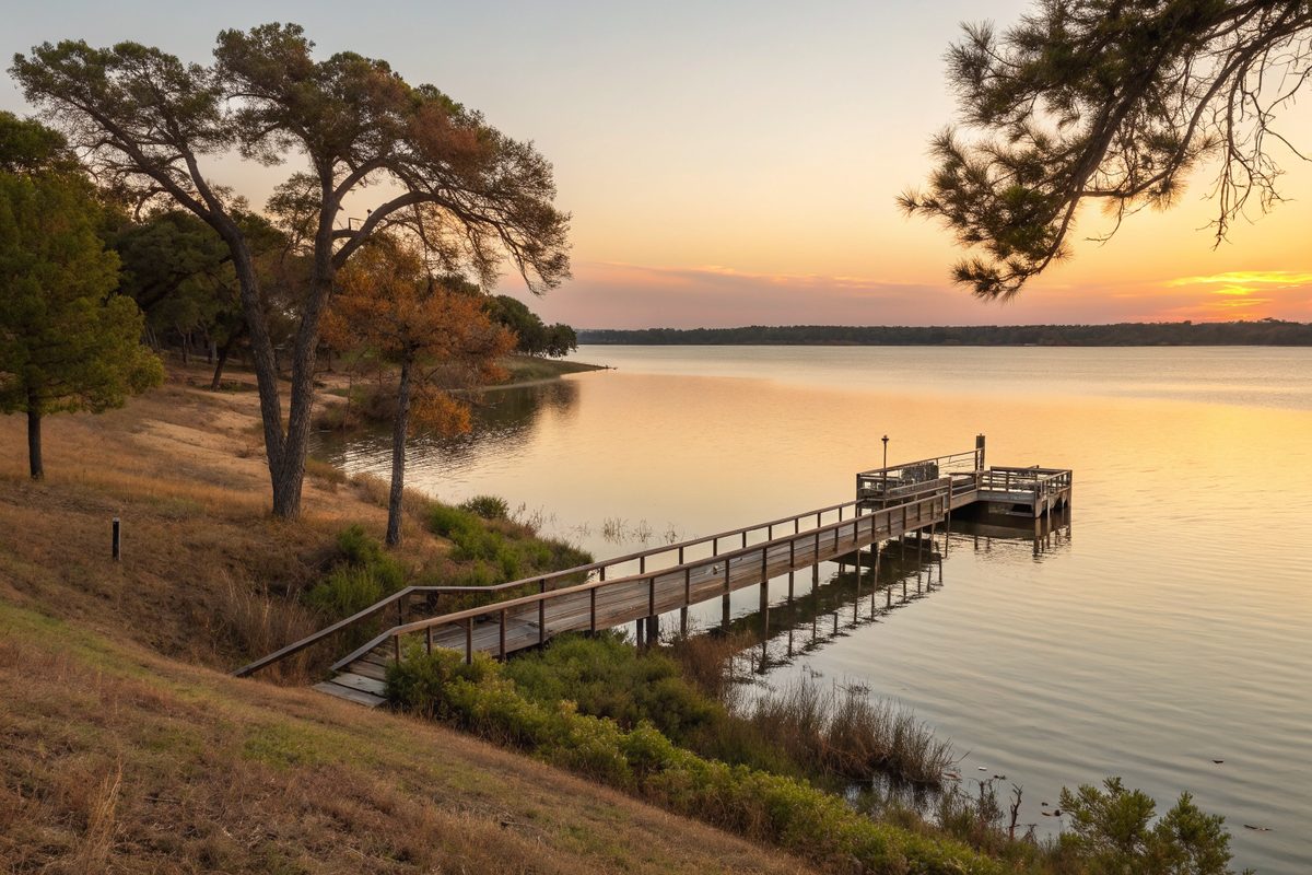 A small wooden dock on a calm lake at sunset with trees along the shore
