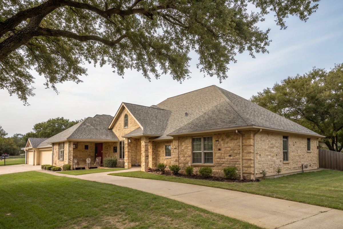 A one-story limestone and brick ranch house with a gray shingle hip roof