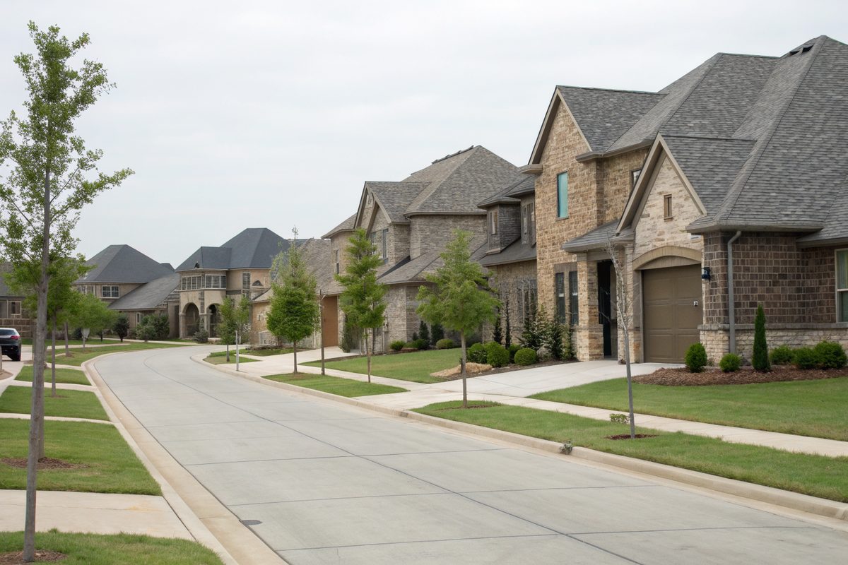 A newer street of brick and stone homes with matching gray shingle roofs and young trees