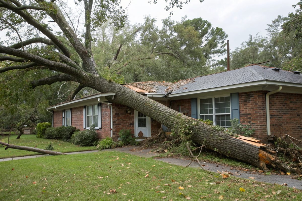 A fallen oak tree resting across the roof of a one-story brick house after a storm