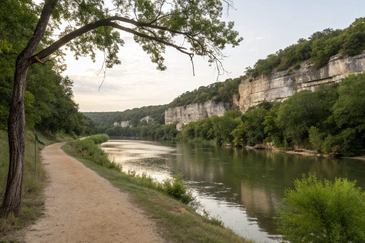 A dirt trail along a calm river below tree-covered white limestone bluffs