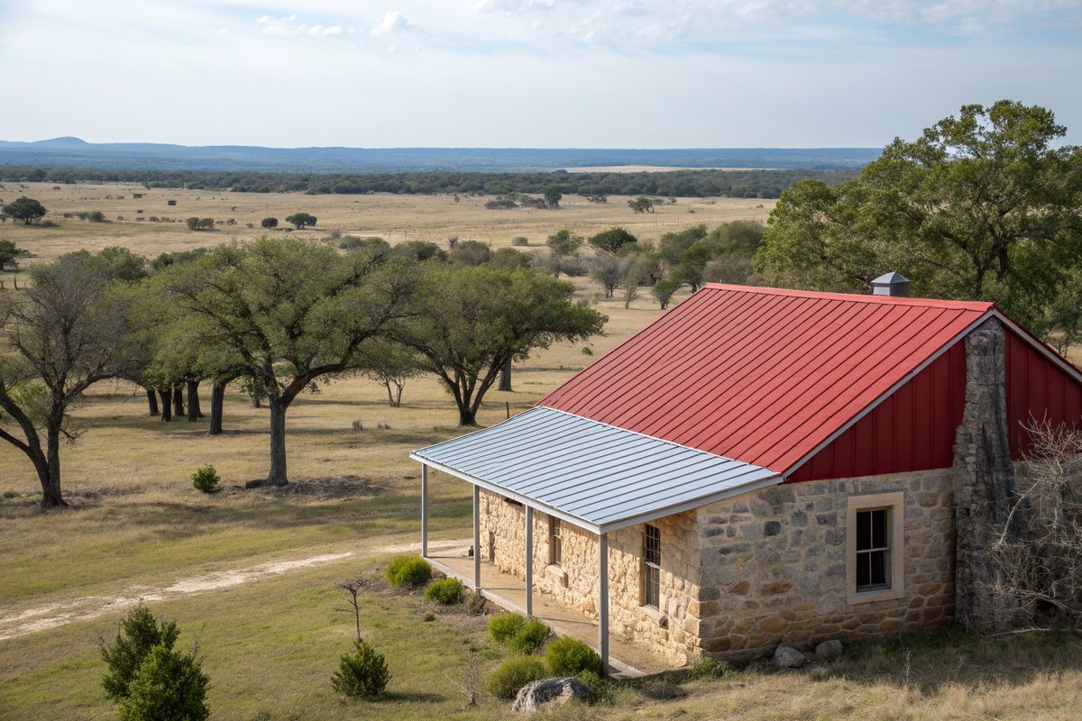 A small stone farmhouse with a red metal roof and silver porch roof on open ranch land