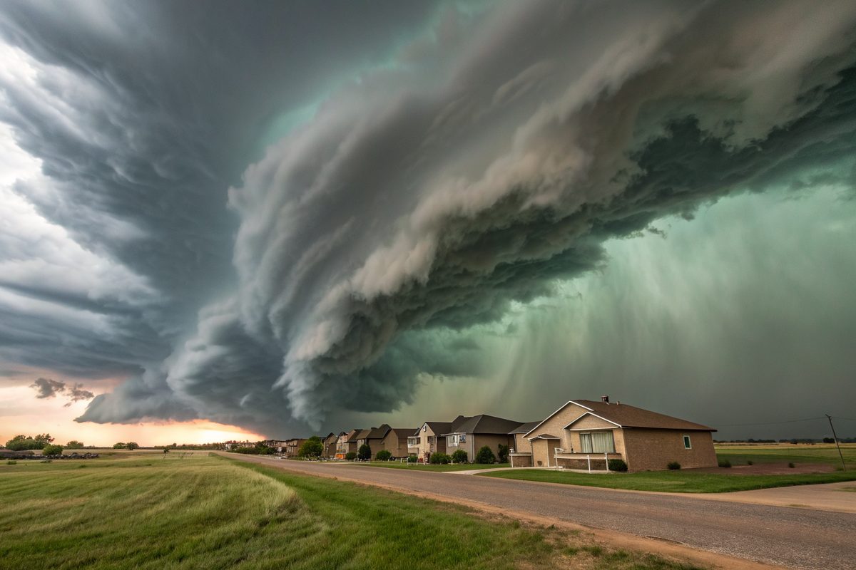 A towering storm cloud with a green-gray base rolling over a row of one-story homes