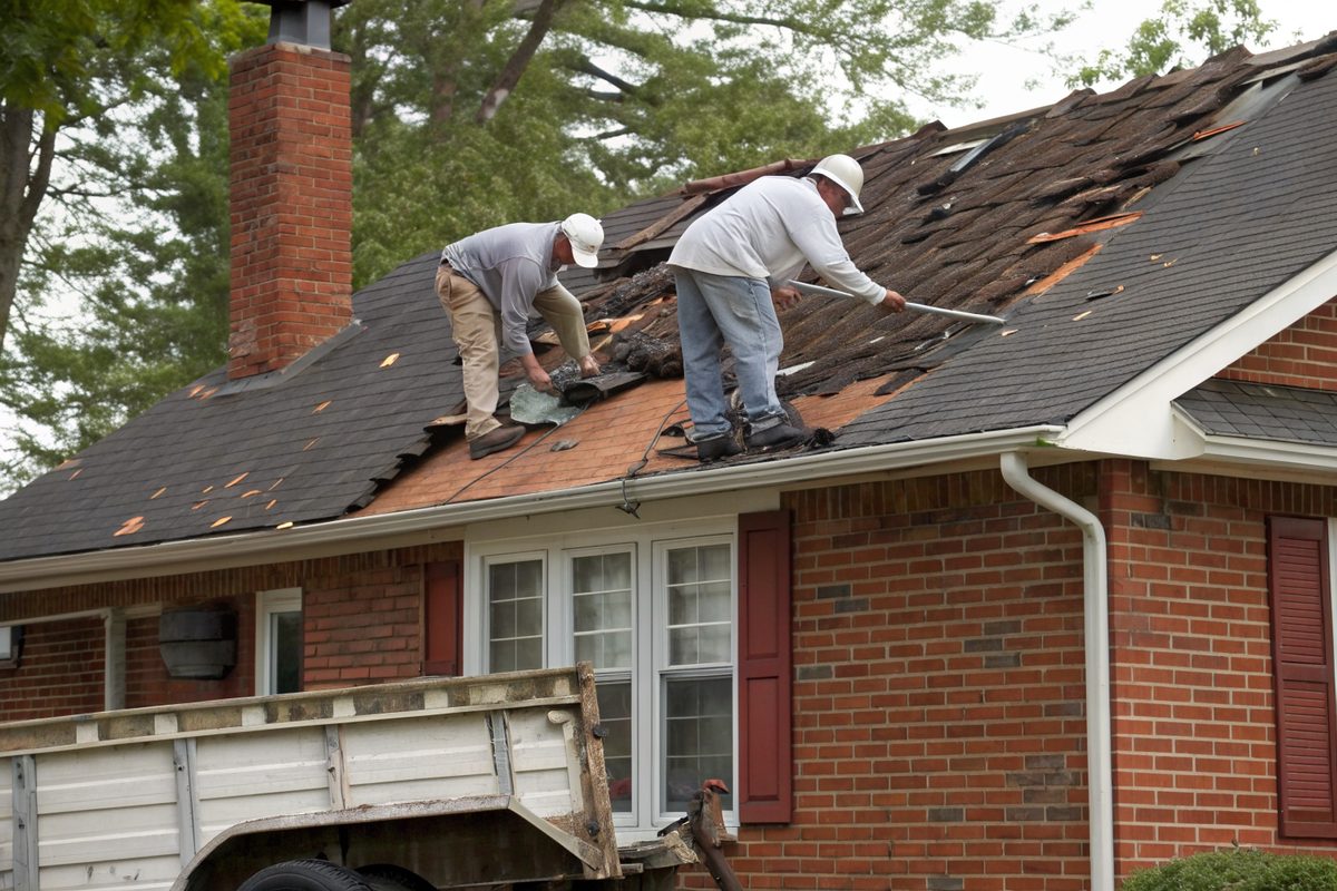 Two roofers stripping old shingles from a brick house roof down to the wood decking