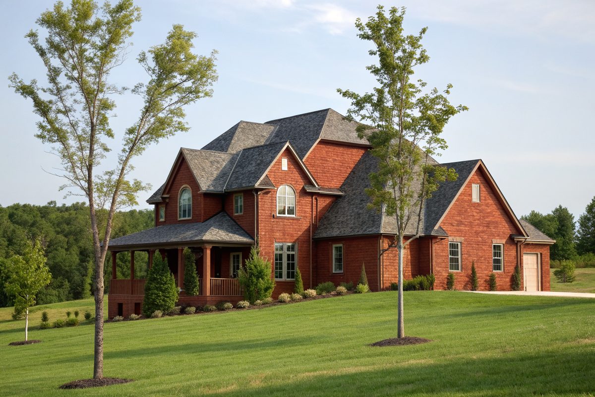 A two-story red brick home with several gables under a new shingle roof