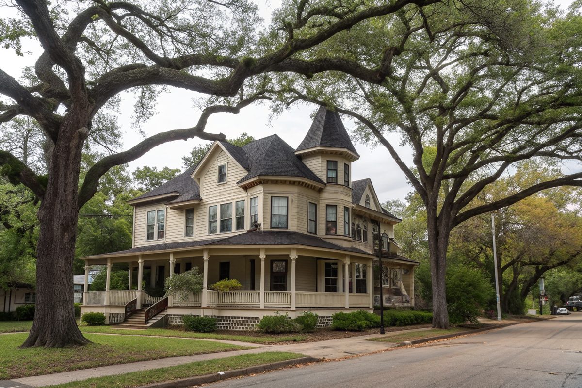 A two-story Victorian house with a turret and wraparound porch under big shade trees