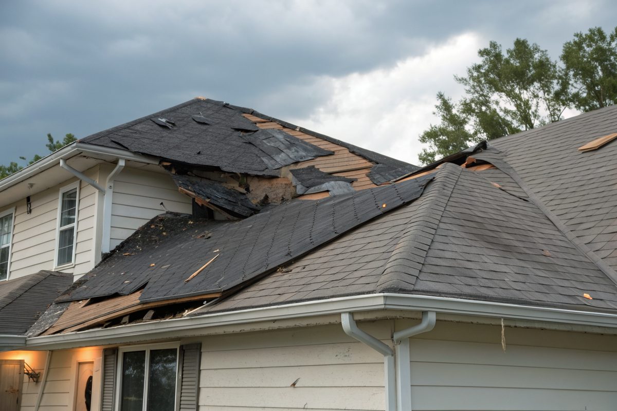 Wind-torn and missing shingles near the ridge of a house roof after a storm